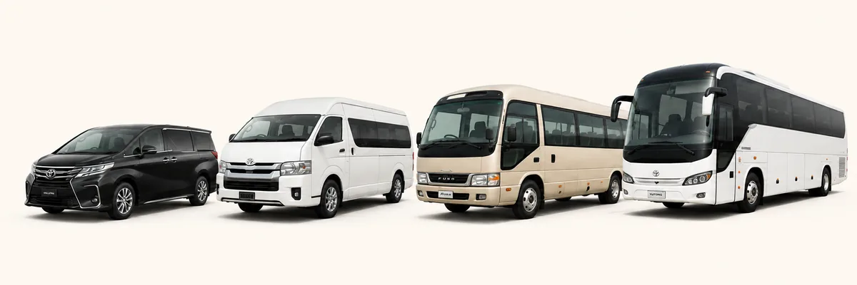 Bus World vehicle lineup featuring MPV, van, minibus and coach on a warm off-white background