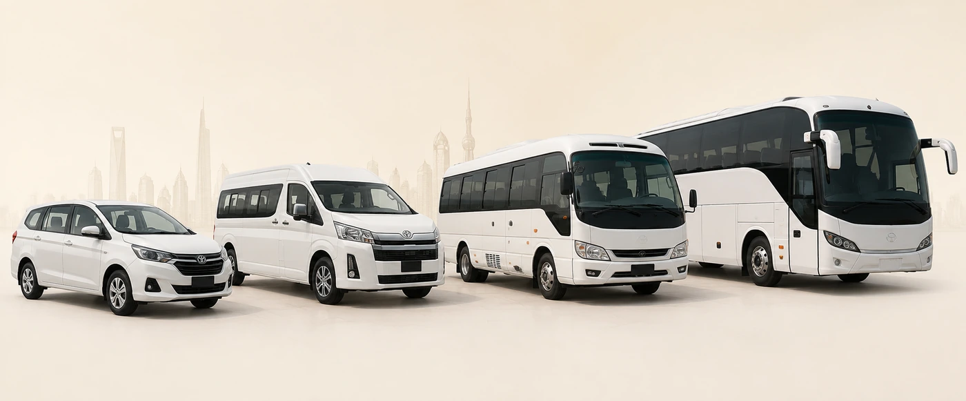 Bus World lineup with smaller people carrier, 12 seater van and larger van alternatives
