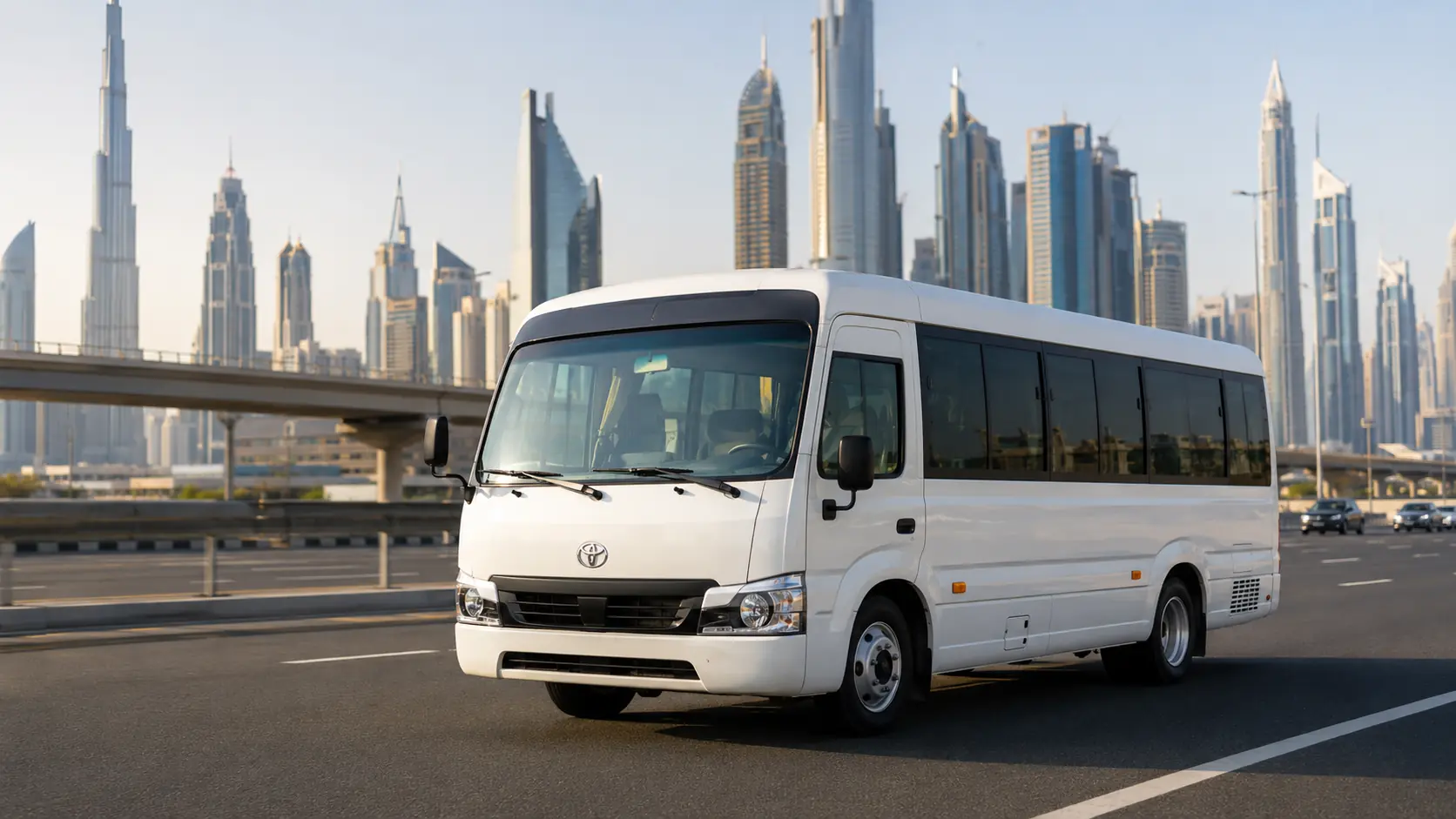 Bus rental Dubai with a modern coach and Dubai skyline