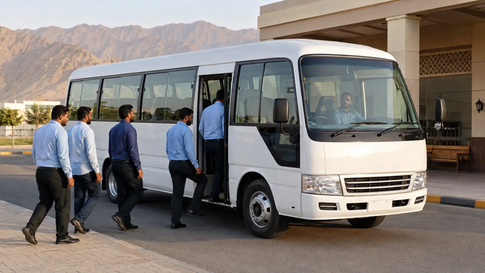 Staff buses near Fujairah port and industrial area