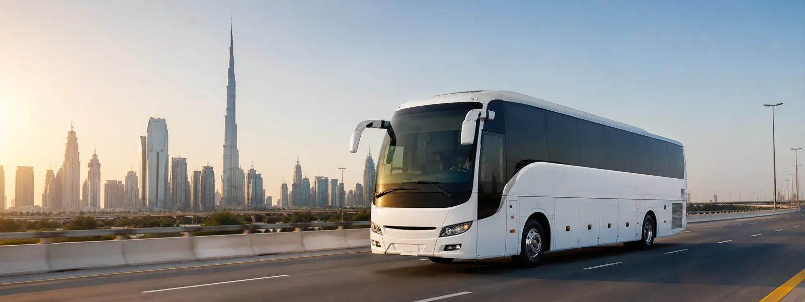 Modern white coach bus travelling on a Dubai highway