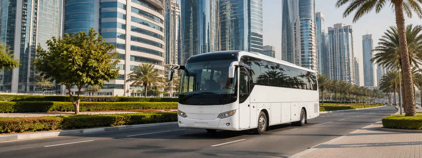 Modern staff transport coach travelling through Dubai