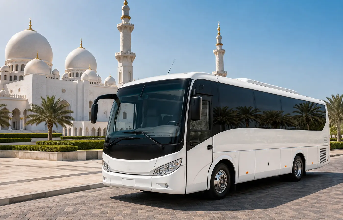 Coach tour in Abu Dhabi with Sheikh Zayed Grand Mosque in the background.