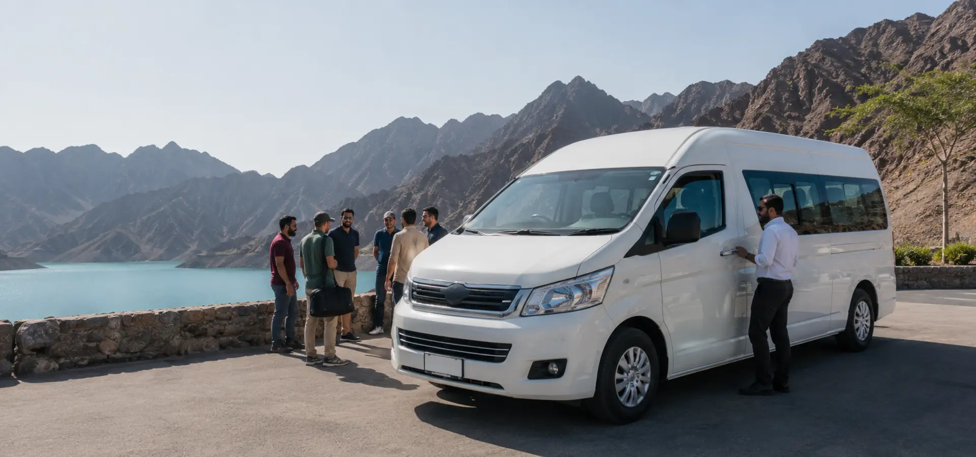 Private passenger van and group on a Hatta mountain sightseeing day trip near Hatta Dam.