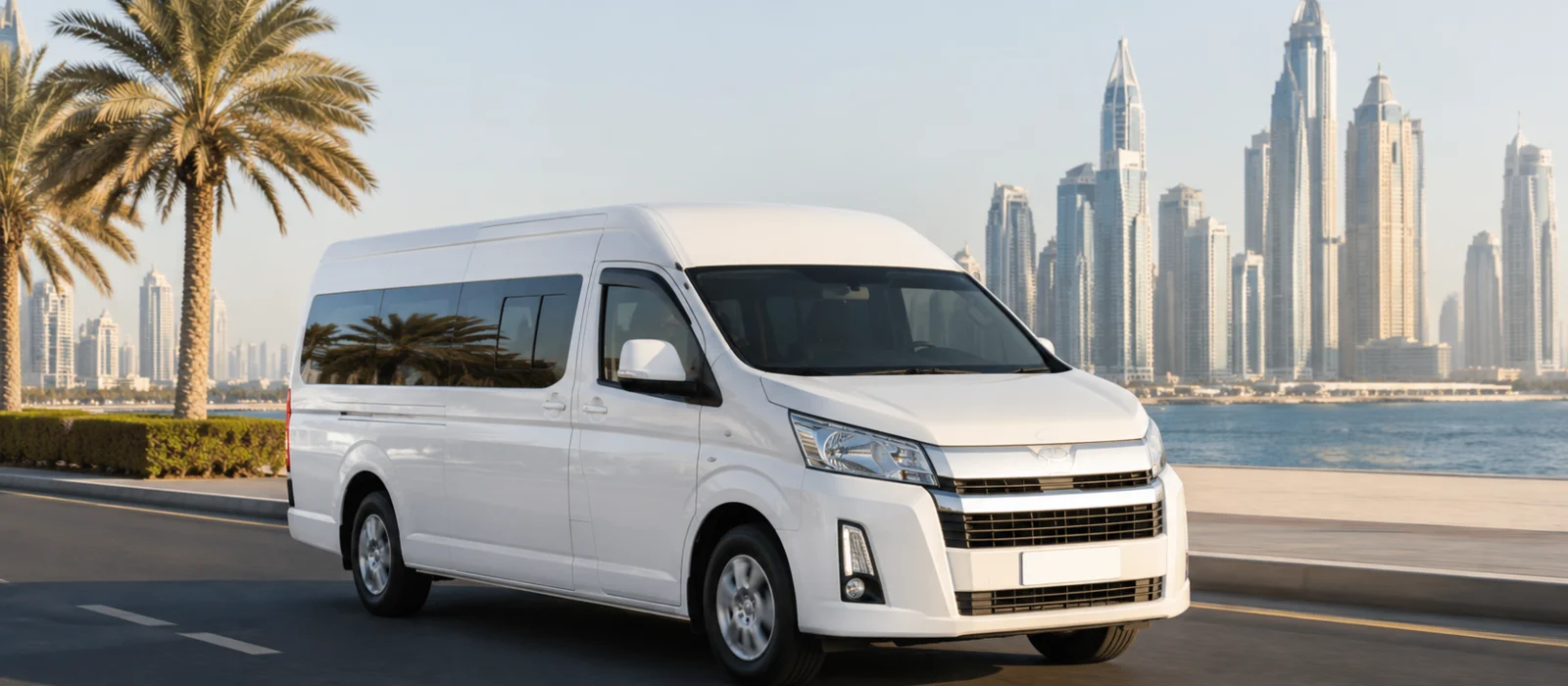 White passenger van travelling on a Dubai waterfront road
