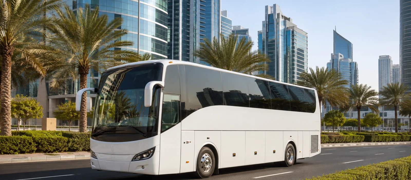 Modern white coach providing organisational transport in a Dubai business district